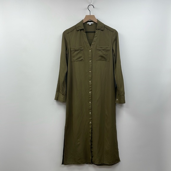 Halston Button Down Long Sleeve Split V-Neck Shirt Midi Dress Green XS - Picture 1 of 7